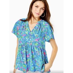 Lilly Pulitzer Med Zadie Top in Seabreeze Blue Hey Gull Friend Flowy‎ Ruffle